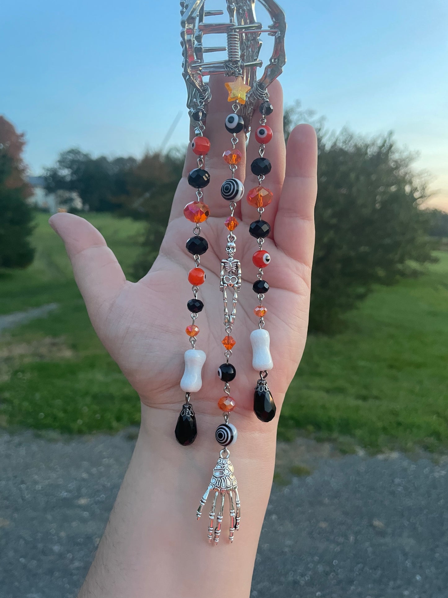 Silver Skeleton Hair Clip- Orange/Black